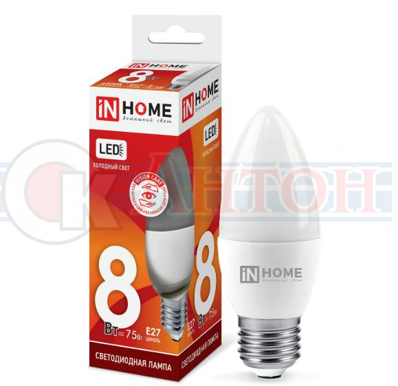 Лампа с/д LED-СВЕЧА-VC 8Вт 6500К Е27 600Лм IN HOME