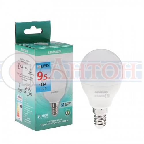 Лампа с/д LED-шар Р45 9.5W 6000K E14 Smartbuy.