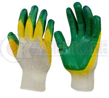 Перчатки х/б с двойным латексным покрытием желто-зеленые